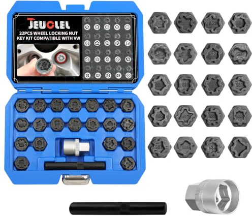 JEUCLEL Juego de 22 llaves de tuerca de bloqueo de rueda compatible con VW VAG, Volkswagen, juego de adaptadores de tuerca de bloqueo de rueda, herramienta de extracción de tuercas antirrobo de ruedas