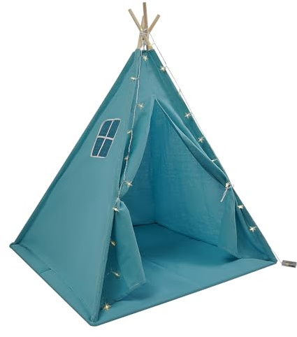 Tipi - Tente pour enfant avec tapis de sol et guirlande lumineuse - Tente de jeu pliable en coton - Pour l'intérieur et l'extérieur - 120 x 120 x 140 cm - Bleu