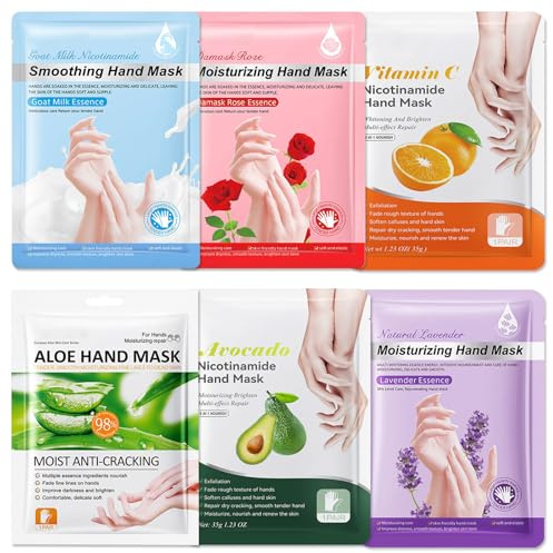 6 Pairs Hand Mask Gloves - Hand Moisturiser Gloves for Dry Hands Repair - Moisturising Gloves with Milk Rose Aloe Vera Avocado Lavender Vitamin C Serum - Hydrating Nourishing Softening Exfoliating
