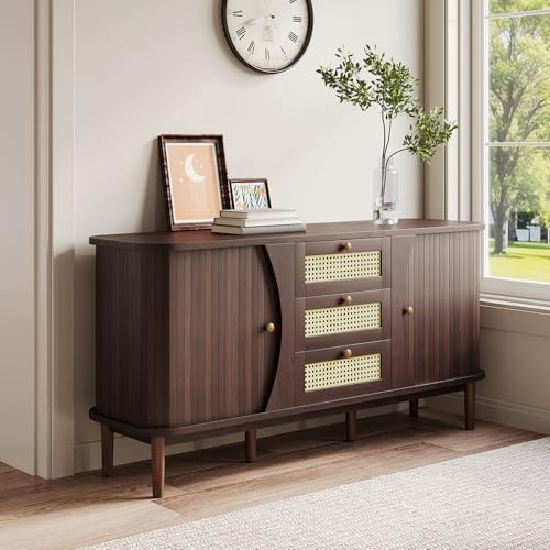 GTANND Aparador, Mueble Multiusos, Mueble de recibidor con Tapa Redonda y Estante Ajustable, Armario de almacenaje con 3 cajones y 2 Puertas, Color Nogal.