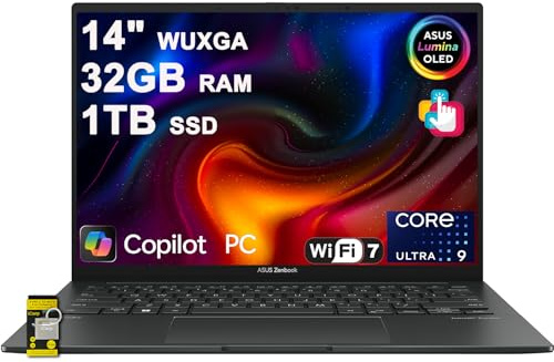 ASUS Zenbook 14 Laptop 14 WUXGA Lumina OLED Touch (100% DCI-P3, 500nits HDR) Intel 16-core Ultra 9 285H (GPU Up to 77 TOPS) 32GB RAM 1TB SSD For Creator Business Professional Win11 ICP Hub Copilot AI
