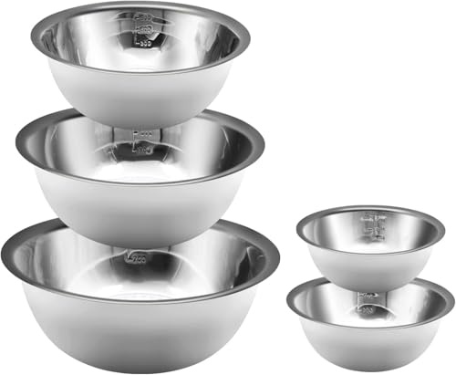 Yeqqzq Mixing Bowl Set of 5, Stainless Steel Mixing Bowl Set with Measurement Markers, Nesting Whisking Bowl Set for Cooking, Baking, Serving, Food/Salad Prep