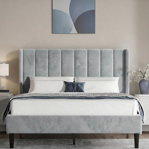 Blisswood King Size Bed Frame Noise-Free Upholstered Platform Bed With Vertical Design Headboard Sturdy Wooden Slats Support & Under Bed Storage (Light Grey, King)