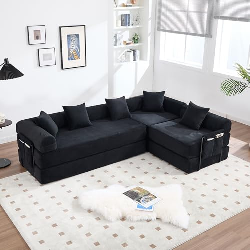 A ALFRESCOOL Ecksofa, Sofa L Form mit Schlaffunktion, Modulares Sofa, Schlafsofa mit Stauraum, Vakuumverpackt & Mühelose Montage, Leicht zu Reinigen, Seitentaschen, 5 Kissen, 270×180×64cm (Schwarz)
