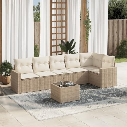 QJBSAVVA Mobilier de jardin 7 pièces en rotin synthétique beige 65,5 x 62 x 69 cm - Mobilier de balcon modulaire avec coussins amovibles - Groupe de sièges résistant aux UV pour petits balcons