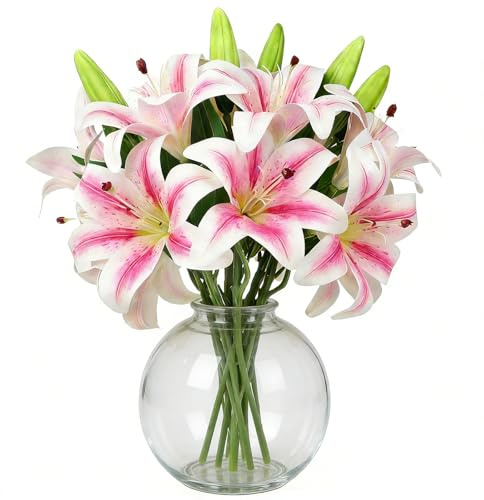 CECOMBINE 8PCS Artificial Lilies Flowers, Short Stem Fake Lilies with 16 Fully Bloomed Heads & 8 Buds, Perfect for Wedding, Home, Office, Party Decor, DIY Floral Arrangements, Graves(Pink)