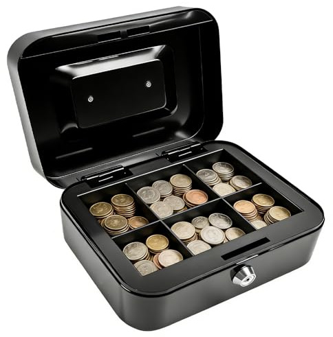 Vunanvu Caisse À Monnaie Verrouillable avec Clé 20 X 16 X 9 Cm Caisse À Main en Acier avec 5 Compartiments À Monnaie Robuste pour Billets Et Pièces Petite comme Tirelire Noire