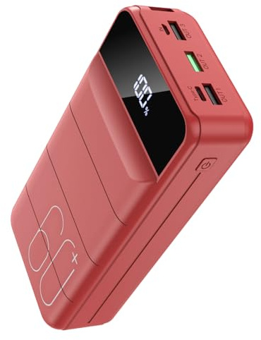 PDBEST Batterie Externe 60000mAh 22,5 W USB-C Portable Charge Rapide | Lampe Torche Intégrée, 4 Sorties, 2 Entrées, Écran LED, Essentiels de Voyage, Grande Capacité pour iPhone et Android Rouge