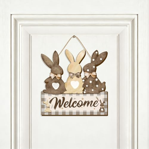 DIELOVEHUA Decoración de Puerta de Pascua, Cartel de Bienvenida de Pascua, Cartel de Puerta Conejo de Pascuas, Cartel de Madera Decorativo, para Puertas Ventana y Jardín, Decoración de Primavera (C)