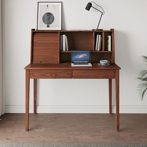 IDIMEX Bureau Secrétaire Alisa en Bois Massif avec 2 Tiroirs, 1 Volet, 4 Niches, 114 x 122 x 54 cm, Couleur Châtaignier, Meuble de Rangement Idéal pour Petit Espace, Parfait pour Bureau Chambre