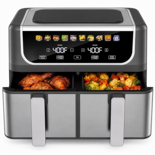 KMFurnila 2 Baskets Air Fryer 9.5 QT, 10 in 1 Dual Air Fryers with Ceramic Crisper Plate, 80-450°F Wide Temp, Smart Cooking Mode with Match & Sync Cook, Shake Reminder, Roast, Defrost, Bake, Black