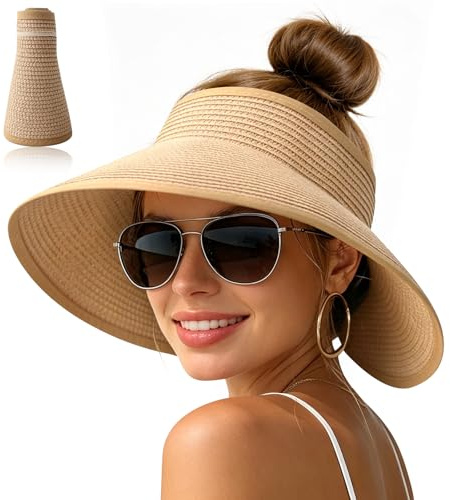 Sombrero Mujer Verano, Sombrero Paja Mujer, Pamela Playa Mujers Plegable, Sombreros de Paja de Mujers con Visera, para Playa, Vacaciones de Verano, Viajes y Actividades al Aire Libre