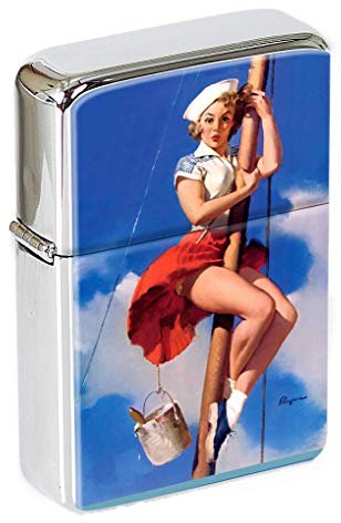 sitzender Pretty PIN-UP MÄDCHEN Klappfeuerzeug in einer Geschenk Dose