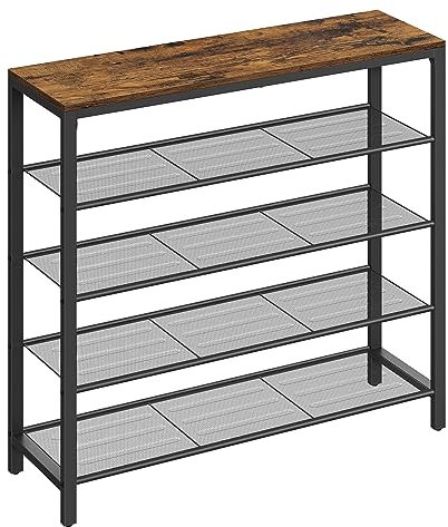 VASAGLE Schuhregal, Schuhablage mit 4 Gitterebenen und großzÜgiger OberflÄche fÜr Taschen, fÜr den Eingangsbereich, Flur, Metall, Industrie-Design, 30 x 100 x 92,5 cm, vintagebraun-schwarz LBS15BX