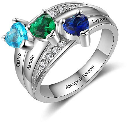 GaoSh Damen Ring Personalisiert mit 3 Herz Geburtsmonat Zirkonia Stein Geburtsstein & Gravur 3 Namen 925 Sterling Silber Geschenk für Muttertag Vatertag Geburtstag Geschenkbox (52 (16.6))