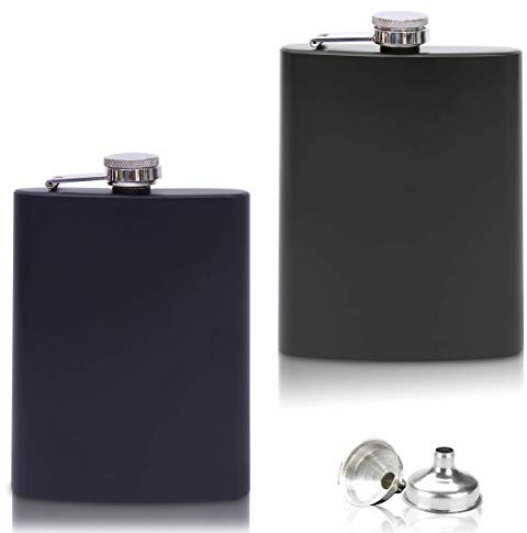2x Fiaschette con Imbuto Set - 8 Once, 227 ml - Antiruggine - Tinta nera o Tinta verde - Design Nobile Militare - per Liquori ed Alcolici di Ogni Tipo - Bottiglia Tascabile