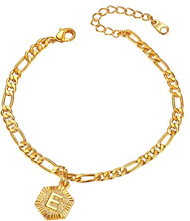 FOCALOOK Buchstabe E Fußkette mit Hexagon Anhänger 22cm Figarokette Initiale Fußband 18k vergoldet Armband Sommer Strand Schmuck für Damen Mädchen für Geburtstag