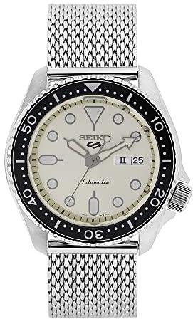 Seiko Herren Armbanduhr 5 Sports Automatik 42,5mm, Farbe Schwarz-Silber, Ziffernblatt Creme, Wasserdichtigkeit: 10 bar, SRPE75K1