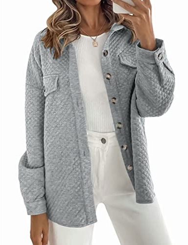 ZESICA Women's 2025 Fall Casual Long Sleeve Button Down Loose Lightweight Shacket Shirt Jacket Coat Outerwear with Pockets,LightGrey,Medium