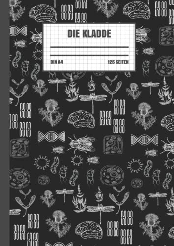 Die Kladde: Kariertes Notizbuch mit den Kritzeleien zur Biologie auf schwarzen Hintergrund mit weißer Tinte für Mädchen, Jungen, Kinder von 6 bis 12 ... mit 125 linierten Seiten im DIN-A4-Format