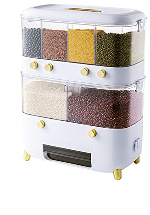 Rice Dispenser with Cup,Wall-Mounted 6 Grid Double Layer Dry Food Dispenser Rice Bucket Grains Storage Container Cereal Dispenser for Home and Kitchen,Green