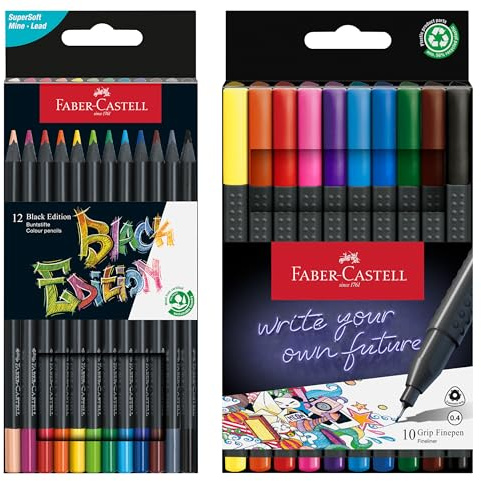 Faber-Castell 116412 - Buntstifte Blackwood, Black Edition, 12er Etui 151610 - GRIP Finepen, Fineliner, mit metallgefasster Faserspitze 0.4 mm, 10er Etui