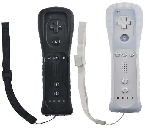 2x Wii-Fernbedienung: Gamecontroller WiiController Wireless Remote Bewegungssensor Vernbedinung Ersatz Gamepad Controller für WII und Wii-Konsole, mit Silikonhülle und Handschlaufe (weiß schwarz)