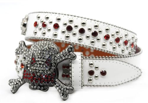 NALANY Damen Männer Mode Strass Gürtel, Runden Nietengürtel Strassgürtel Mit Rot Strasssteinen, Western Cowgirl Ledergürtel Mit Punk Totenkopf Gürtelschnalle(100cm/waist:32~34, White)