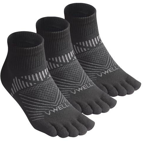 VWELL Tåstrumpor för män och kvinnor COOLMAX fem fingerstrumpor atletisk löpning strumpor kvartal ankel tåstrumpor (3 par), Svart, Large