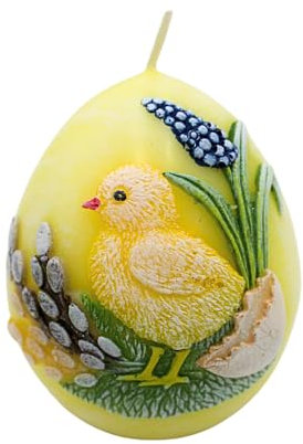 Dekohelden24 Osterkerze, Kükenkerze, Eikerze mit Applikation im zarten gelb, handbemalt, B/H ca. 7 x 10 cm