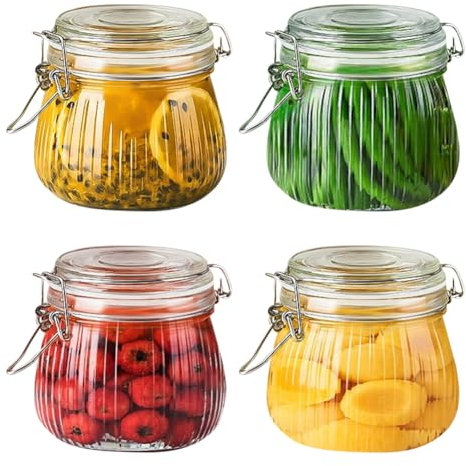 CEWROM Set di 4 vasetti per conserve con chiusura a leva, 500 ml, in vetro, per caffè, zucchero, noci, spezie