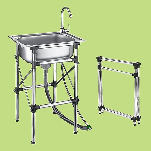 Edelstahl-Waschbecken, freistehend, Einzelbecken mit Wasserhahn, kommerzielles Küchenspülbecken, tragbar, Handwaschbecken, faltbar, für Camping, Terrasse, Garage, Partys im Freien, robust und stabil