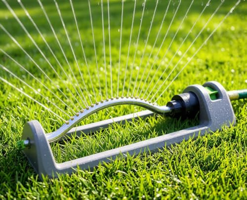 Lawn Sprinkler, 18-Hole Brass Nozzle Oscillating Sprinkler, Garden Tool for Lawns up to 3,600 Square Feet, Jet Cleaning Needle Hidden on The End of The Product, Gray
