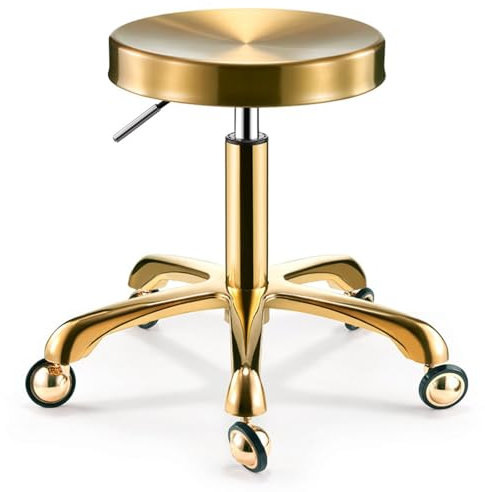 Rollhocker aus Edelstahl mit Vollrad, robuster Zeichenstuhl, Drehhocker, Liftsessel für Bar, Labor, Büro, Friseur, Küche und Geschäft (Gold)