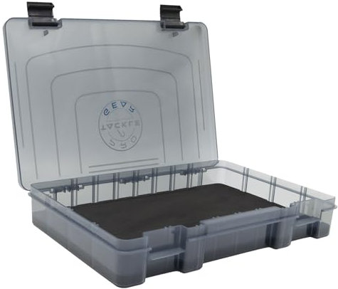 Pro Tackle Jig & Rig Box I Foam Slit-Foam Case – Eingeklebter geschlitzter EVA-Schaum, Transparent, Abnehmbare Deckel – Ideale Aufbewahrung für Jigköpfe, Rigs, Spinner und mehr (Box II 28x19,5x4,5)