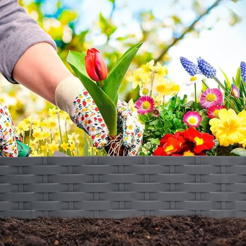 Rasenkante, Gartendeko, Kleinzaun for den Garten, 1 Meter pro Stück, Gartenzaun, UV-beständig, Rasenbegrenzung, Beeteinfassung, Beetzaun aus Kunststoff(Grau,5 pcs)