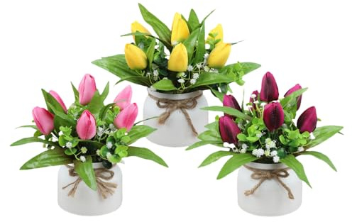 YOYUMI Künstliche Pflanzen Tulpen Set Aus Keramik Im Topf Handgefertigt Seidenblume Heimdekoration Künstliche Blume