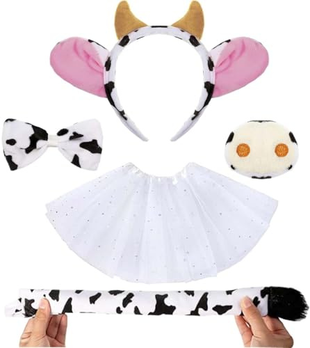 Scinzene 5 Stück Kuh Kostüm, Cow Costume, Kuh Kostüm Set Ohren, Schwanz Kuh Kleid Kostüm Set, Zubehör Für Kinder Halloween, Karneval Welttag Des Buches Cosplay, Aufkleber Kuh Kinderkostüm ﻿