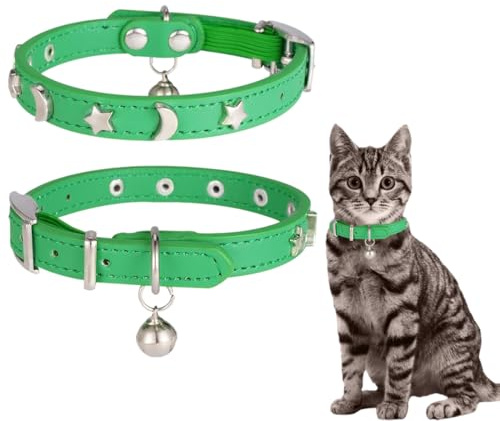 WeddHuis Collare in Pelle per Gatti Maschio e Femmina, con Campanello e Cintura Elastica di Sicurezza, Collare a Stella e Luna (1 pezzo)