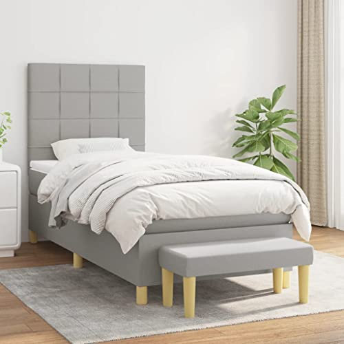 OHOOWOO Boxspringbett mit Matratze Hellgrau 90x190 cm Stoff,Schlafkomfort mit Stil: Boxspringbett mit höhenverstellbarem Kopfteil und Matratze in Mittelhärte