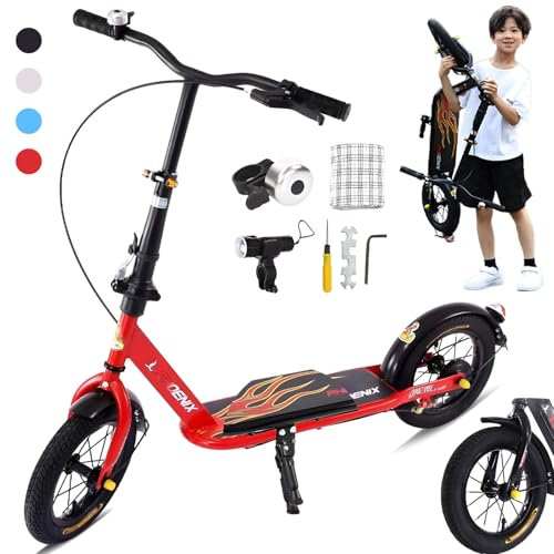 CXYTX Scooter Höhenverstellbarer & zusammenklappbarer Cityroller für bis zu 100kg mit handbremse und Glocke Tretroller mit großen Rädern für Kinder, Teens und Erwachsene,Rot