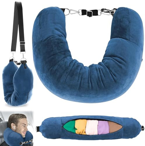 BUOAZR Almohada de Viaje Rellenable, Cojín Cervical de Viaje Rellenable, Cojín para Cuello de Avión, Almohada de Viaje Multifuncional en Forma de U para Viajar en Coche o Vuelo (sin Relleno), Azul