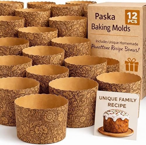 15 oz Kulich & Panettone Baking Molds – 12 Pack | Large Non-Stick Easter Bread Paper Forms | W 5.1 x H 3.4 | Oven & Microwave Safe | Brown Elegant Design + Bonus Family Recipe