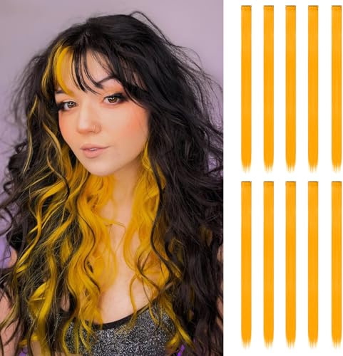 10 Stück Haarsträhnen zum Einklipsen | 55 cm Farbige Clip in Extensions | Langes glattes Bunte Haarsträhnen Kinder | Haarschmuck Mädchen (Orange-Gelb)