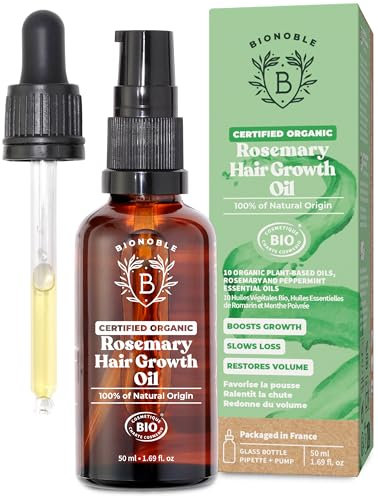BIONOBLE Organic Rosemary Oil for Hair Growth - Slows Loss, Restores Volume, Nourishes the Scalp - Rosemary Hair Oil, Castor, Argan - 100% Natural and Vegan - Glass Bottle, Pipette, Pump - 50ml