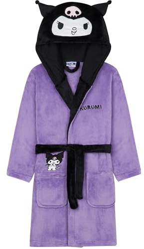 Hello Kitty Sanrio Bademantel Mädchen Teens mit Kapuze & Taschen, Kuromi Cinnamoroll Kuscheliger Morgenmantel, Geschenk Anime (13-14 Jahre, Lila Kuromi)