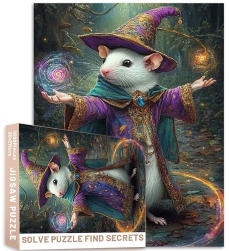 Puzzle de magicien de rat blanc - Forêt enchantée - Couleurs vives - 1 000 pièces - 50 x 70 cm - Scène animale colorée - Casse-tête à faire soi-même pour la décoration de la maison - Puzzle familial