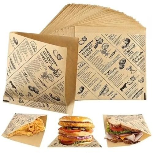 FAYAHAR 100 Blätter Backpapier, Burger Papier, Backpapier Zeitungsoptik, Käsepapier, Wrap Papier für Lebensmittel, Deli Papierblätter für Sandwich Burger Butterbrot Käse Pommes, 15x15cm