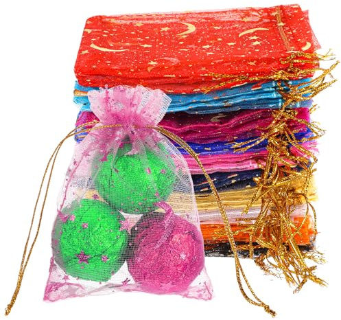 50 Stück Organzasäckchen 9x12cm Organzabeutel Geschenk Schmuckbeutel Mehrfarbig Mond Stern Schmucksäckchen Säckchen Geschenkbeutel Klein Organza Geschenksäckchen für Hochzeit Taufe Party Weihnachten