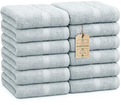 HomeBurg Luxe 12-Piece Washcloth Set - 100% Cotton, Soft & Absorbent, Easy Care, Premium Towels for Face & Daily Use, 30 x 30 cm (Ice Blue)